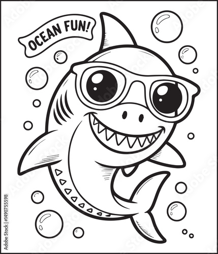 Cheerful shark wearing sunglass black line art vector illustration for children coloring page or book design