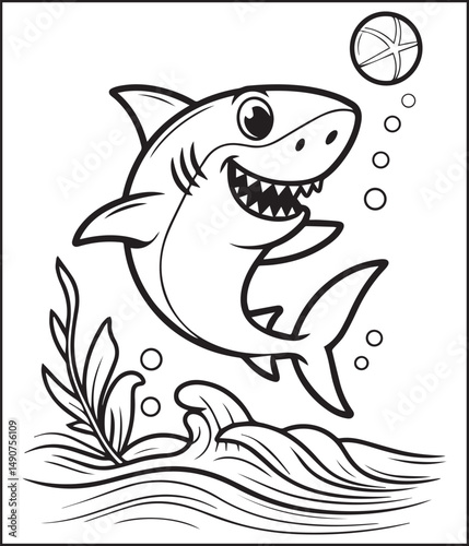 Cute shark playing with ball black line art vector illustration for children coloring page or book design