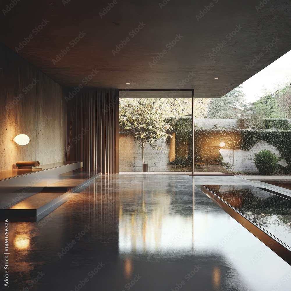 Fototapeta premium Modern indoor space with smooth concrete floor and large windows revealing a serene garden during a rainy day