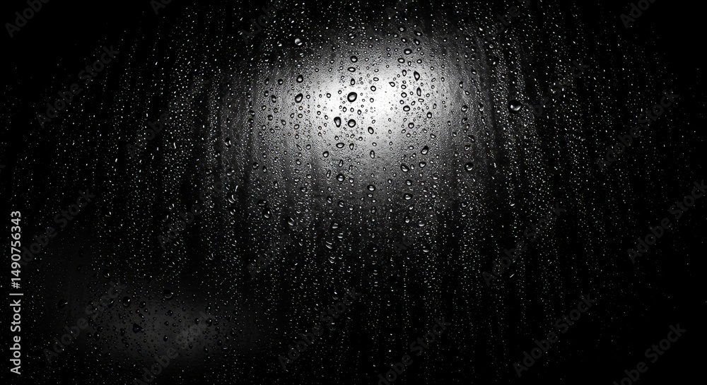 Obraz premium Monochromatic Rain Water Droplets on Glass - Abstract symbolizing mystery, reflection, isolation, tranquility, and the passage of time. A monochromatic view of raindrops on a windowpane at night