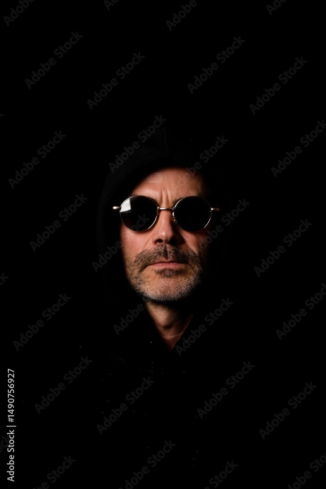 Obraz premium Man in hoodie and sunglasses looking to the side.