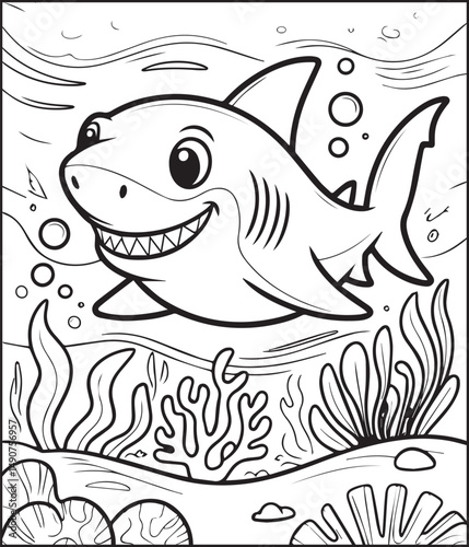 Cute shark in sea underwater scenery black line art vector illustration for children coloring page or book design