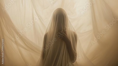 Softly veiled figure shrouded in sheer fabric.