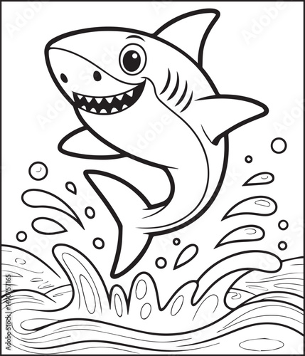 Cute shark jumping on water black line art vector illustration for children coloring page or book design