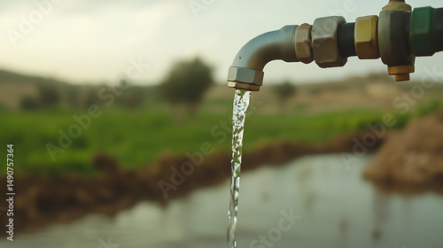 Water flows from a rustic faucet, showcasing clean water access in a lush green setting. A refreshing scene emphasizing nature's bounty and resourcefulness.