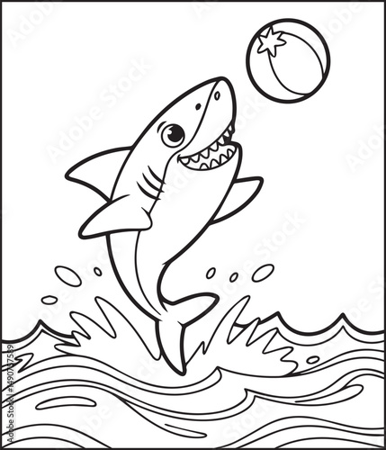 Cute shark playing with ball black line art vector illustration for children coloring page or book design