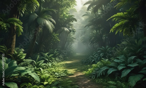 Lush, emerald green tropical leaves carpet the forest floor ,  bright,  environment