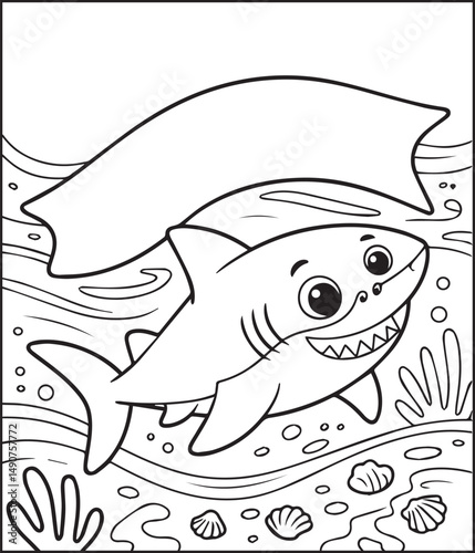 Cute shark in sea underwater scenery black line art vector illustration for children coloring page or book design