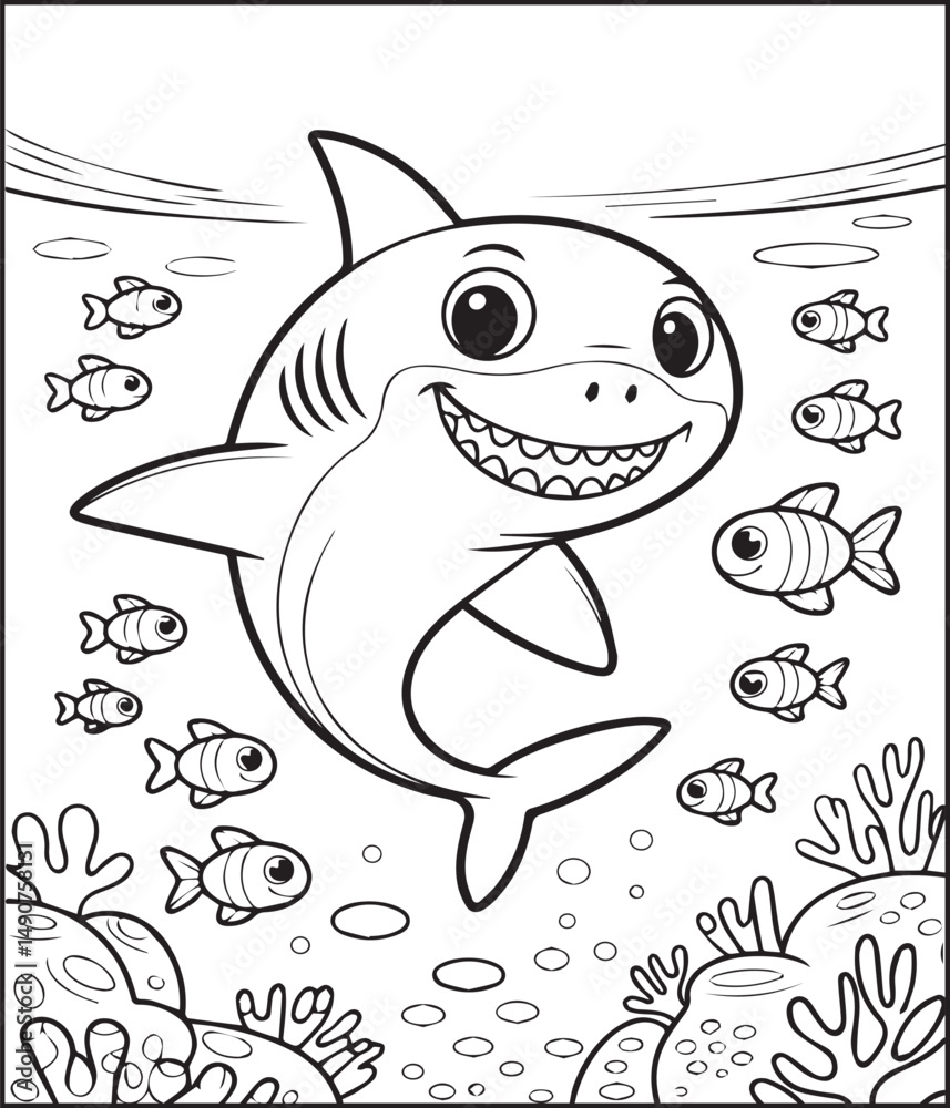 Obraz premium Cute shark in sea underwater scenery black line art vector illustration for children coloring page or book design