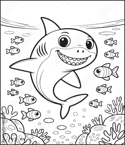Cute shark in sea underwater scenery black line art vector illustration for children coloring page or book design