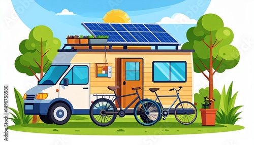 Tiny house living mobility concept. Colorful camper van with solar panels and bicycles in a green setting.