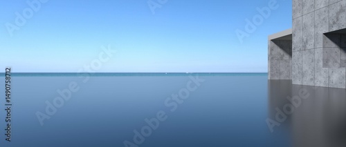 Minimalist architecture with modern concrete facade beside infinity sea view, blue sky and calm ocean, perfect for design inspiration, travel, and architectural concept. 3D render