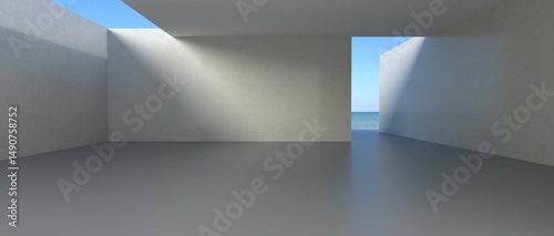Minimalist architectural interior with open ceiling and sea-facing window, concrete walls and clean lines, blending modern design with peaceful ocean atmosphere. 3D render