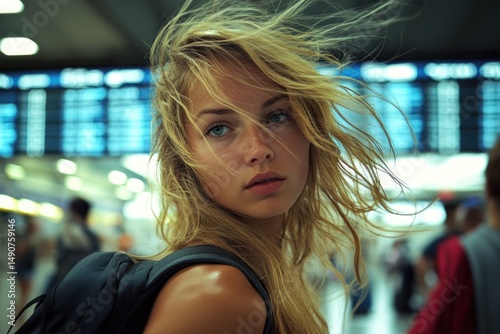 Blonde Woman at Airport, Windblown Hair, Travel Photography