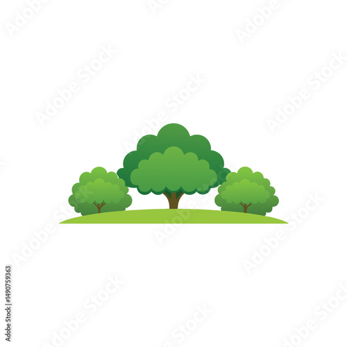 Vector illustration of a green tree in a summer landscape with sky, clouds, and grass, perfect for nature and environment themes
