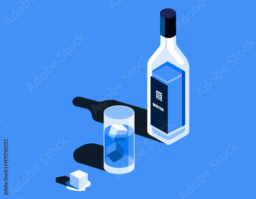 Water bottle glass and ice melting realistic illustration