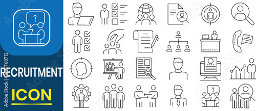 Recruitment web icon set. Recruitment icon vector set. Containing job search, interview, job fair, screening, short listed, employee, resume, work group, candidate, job hiring. Vector illustration.