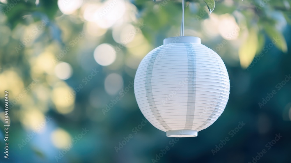 Fototapeta premium Paper Lantern Hanging from a Tree Branch in a Garden Setting with Gentle Sunlight Creating a Serene Atmosphere Outdoors