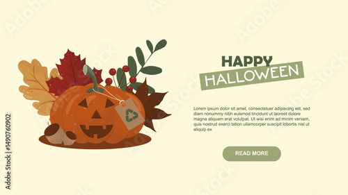 Eco-Friendly Halloween Banner with Recycled Pumpkin Design. Sustainable Halloween web banner. Environmental marketing campaigns. Eco-friendly halloween concept. Flat style. Vector illustration