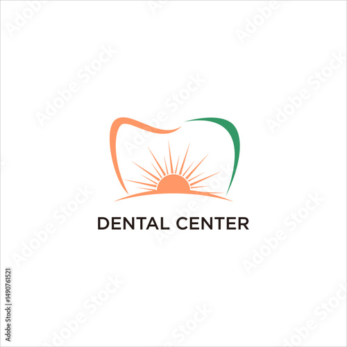 Playful Dental Logo with Sun and Landscape. Modern Minimalist Tooth Icon for Clinic Branding. Creative Oral Care Symbol for Dentist, Smile, Hygiene, Implant, and Healthy Treatment Vector Template