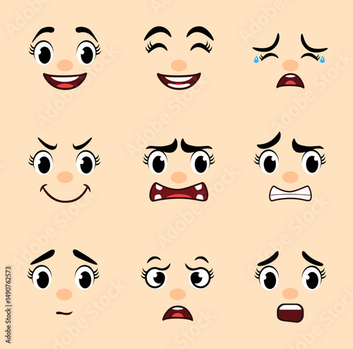 A collection of nine cute cartoon teenage girl faces showing a range of emotional expressions, including happy, laughing, crying, naughty, angry, scared, neutral, confused, and worried.