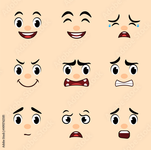A collection of nine cute cartoon teenage boy faces showing a variety of emotional expressions, including happy, laughing, crying, naughty, angry, scared, neutral, confused, and worried.