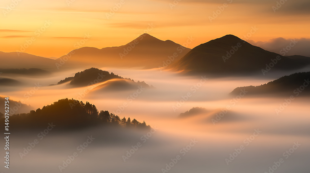 Obraz premium Mountains amidst a sea of fog at dawn, with peaks silhouetted against a warm sky. Evokes serenity and the grandeur of nature.