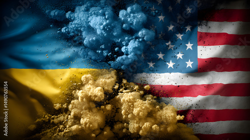 A dynamic fusion of the Ukrainian and American flags, symbolizing strength and unity amidst turbulent colors and textures.