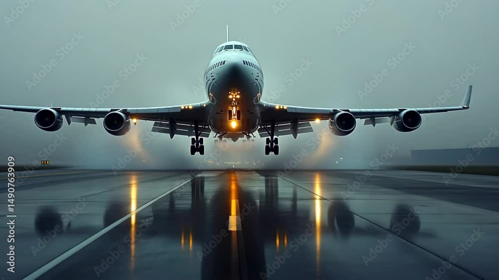 Big commercial plane serving domestic flight as seen from above. Huge aircraft landing on a runway with a cityscape behind. High quality 4k footage