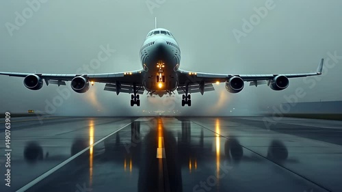 Big commercial plane serving domestic flight as seen from above. Huge aircraft landing on a runway with a cityscape behind. High quality 4k footage