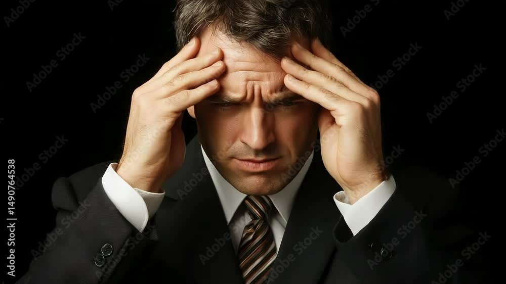 Stressed businessman holds head in hands, dark background. Close-up, worried expression Stressed businessman holds head in hands, dark background. Close-up, worried expression