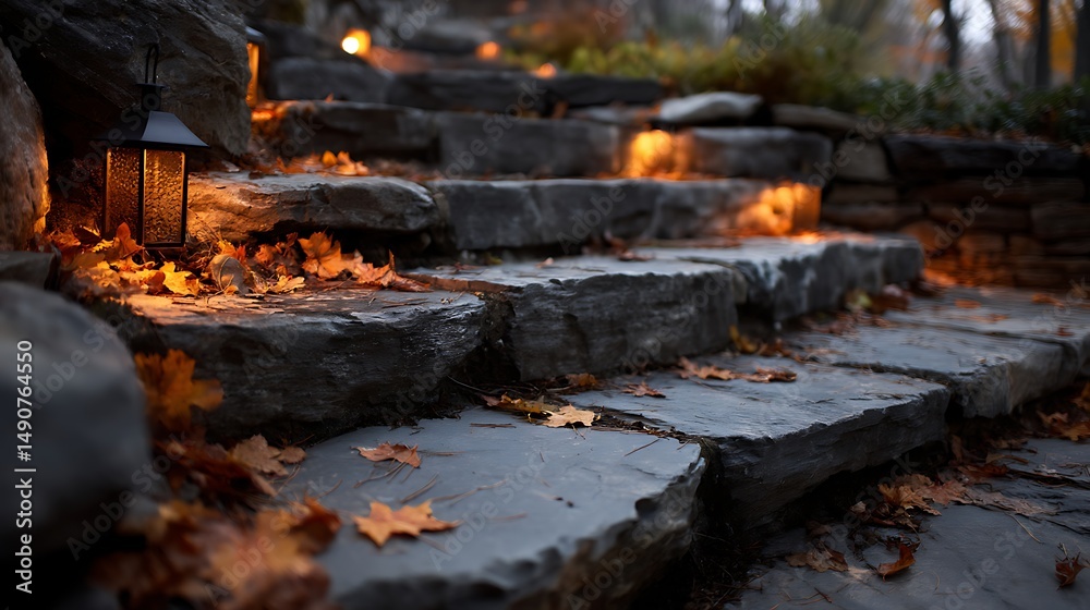 Illuminated stone steps with fallen leaves in a peaceful autumnal garden setting Illuminated stone steps with fallen leaves in a peaceful autumnal garden setting