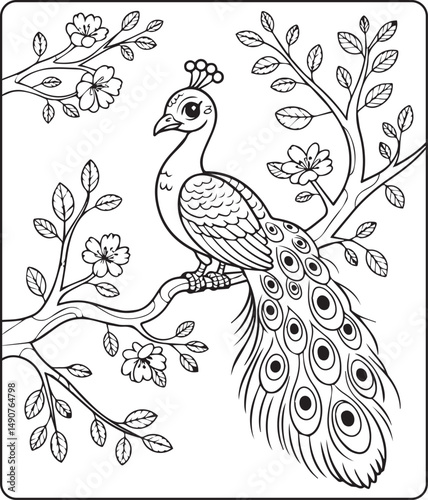Beautiful peacock sitting on tree branch coloring page for kids, black line art vector illustration for children activity book design