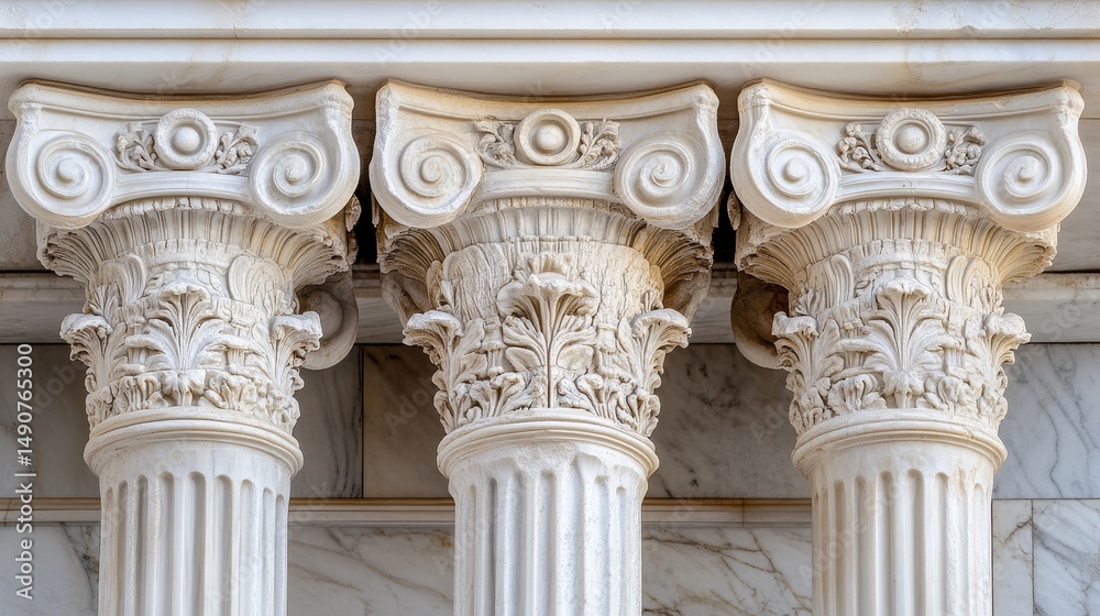 Obraz premium Old Roman columns made of white marble. These 3D designs show different shapes and decorations. They were used in Greek buildings like temples and castles, on the front or porch. 