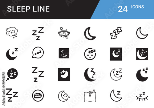 Sleep Mood Icons editor vector set  Bedtime, Moon, Stars, Pillow, Zzz, Dream, Relaxation, Sleep Mask, Night, Cozy, Rest, Nap, Calm, Sleepy Face