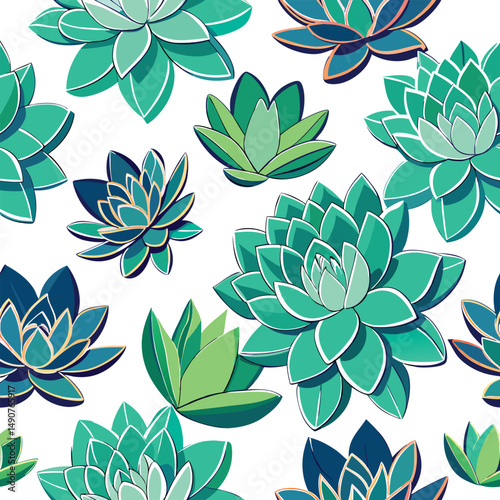 Succulent Plants Seamless Pattern on White Background.