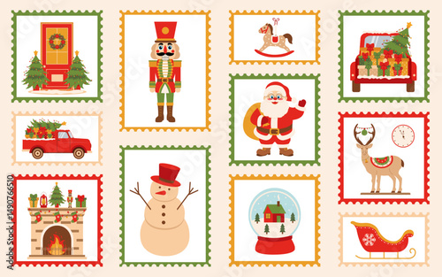 Christmas mail stamps set. Christmas postage stamps. Christmas stickers on envelopes with Christmas illustrations.