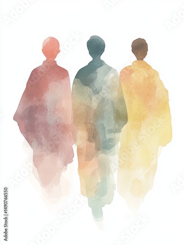 Watercolor silhouettes of three people in robes
