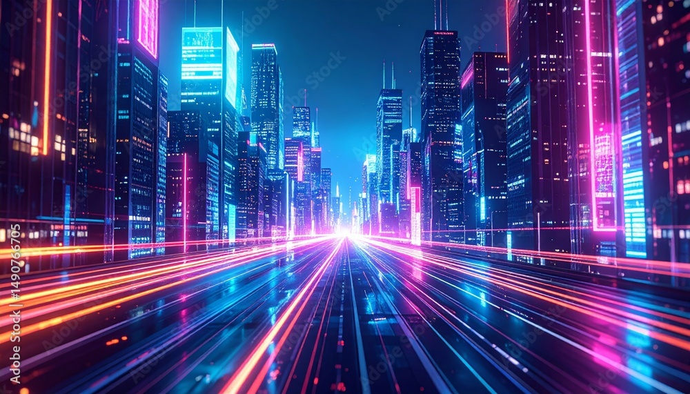Fototapeta premium Smart city under cyber attack concept with glowing data breach trails, cyberpunk style.
