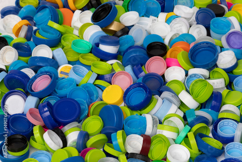 Pile of colorful plastic bottle caps 