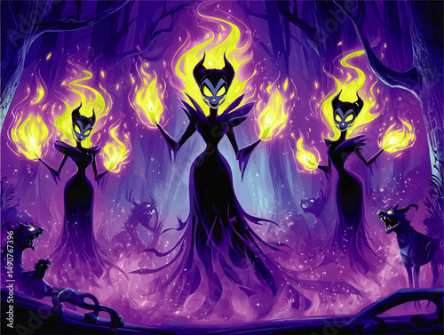 Enchanting Dark Fantasy Illustration Featuring Evil Queens with Burning Flames Magical Purple Forest Glowing Eyes Sinister Creatures and Mystical Spooky Atmosphere
