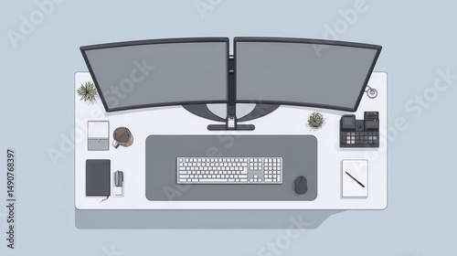 Modern Workspace with Dual Monitors and Office Supplies