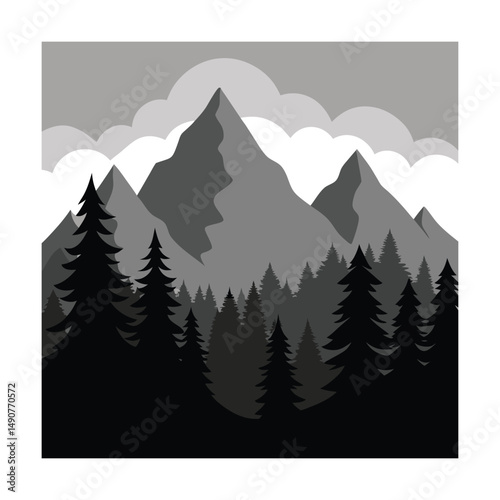 Pine Forest Landscape Silhouette with Mountains