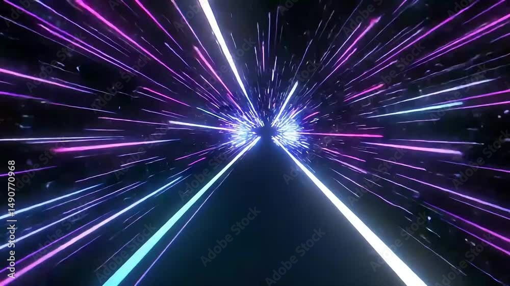 Vibrant neon light streaks converge, creating a dynamic, futuristic tunnel effect