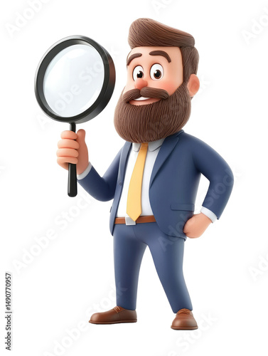 Cartoon Businessman Holding Magnifying Glass in Suit and Tie isolated on transparent background.