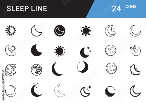 Sleep Mood Icons editor vector set  Bedtime, Moon, Stars, Pillow, Zzz, Dream, Relaxation, Sleep Mask, Night, Cozy, Rest, Nap, Calm, Sleepy Face
