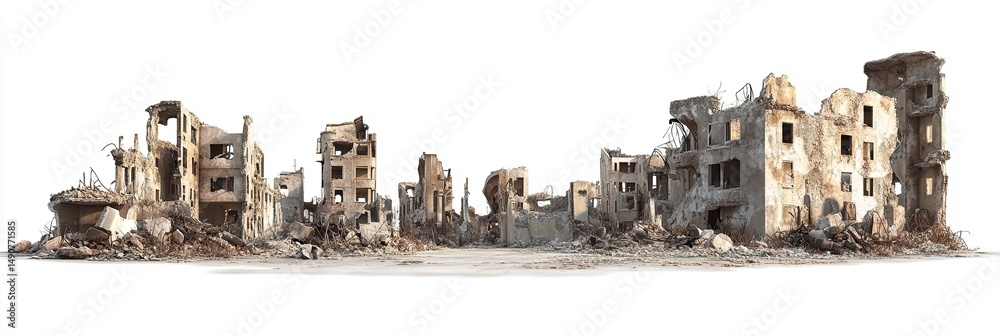 Obraz premium Panorama of ruined urban buildings with brick walls and debris isolated on white background