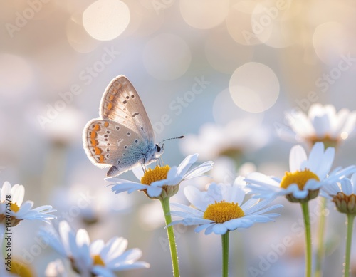 A delicate butterfly gently rests on a daisy flower amidst a soft, dreamy meadow. The butterfly's wings shimmer in the sunlight, a true marvel of nature.