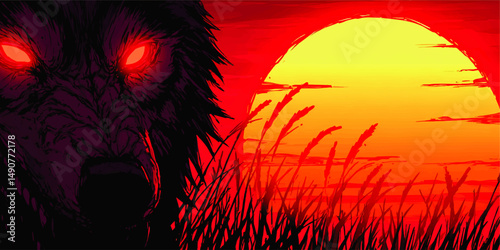 Dark Wolf with Glowing Red Eyes Vector Art Against Dramatic Sunset Sky in Bold Colors Silhouette Graphic Illustration Nature Wild Animal Fantasy Scene Background