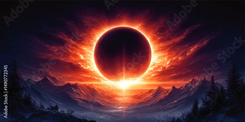 Stunning Mystical Solar Eclipse Vector Art Featuring Fiery Corona Radiating Over Dramatic Majestic Mountain Landscape Under Dark Atmospheric Twilight Sky Scenery